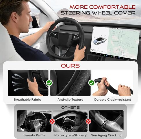 Nappa Leather Steering Wheel Cover for Tesla Model 3/Y 2016 2017 2018 2019 2020 2021 2022 2023 2024 2025, Model 3 Model Y Tesla Steering Wheel Cover Protector, Non-Slip Textured Breathable in Kuwait