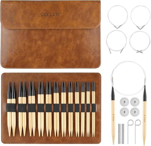 Guclud Bamboo Knitting Needles Set, 5-Inch Interchangeable Circular Knitting Needles US 4-15 (3.5-10mm),12 Pairs of Hand-Polished Circular Needles, 4 Cables, Accessories & Case (Black Tip) in Saudi Arabia