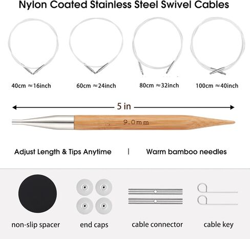Guclud Bamboo Knitting Needles Set, 5-Inch Interchangeable Circular Knitting Needles US 4-15 (3.5-10mm),12 Pairs of Hand-Polished Circular Needles, 4 Cables, Accessories & Case (Black Tip) in Saudi Arabia