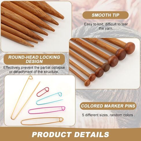 7 Pairs Bamboo Knitting Needles Set, Long Wooden Knitting Needles, 4/5/6/7/8/9/10mm Single Point Straight Wood Needle for Beginners Sweater, Shawl, Scarf, Blankets, Hats in Saudi Arabia