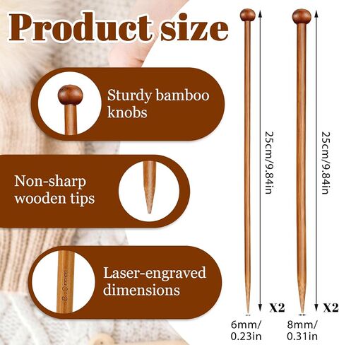 4 Pairs Natural Bamboo Knitting Needles Set 9.8 Inch Long Wooden Knitting Needles Straight Single Pointed Wood Needle Knittings Crochet Supplies for Beginners DIY Handmade Sweater Scarf Knittings in Kuwait