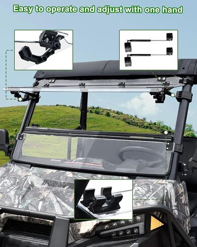 حاجب رياح قابل للطي 3 في 1 لملحقات Polaris Ranger متوسطة الحجم 570 500 SP 570، 1/5 بوصة من البولي كربونات المطلي الصلب وقابل للتعديل وقابل للطي لـ Ranger 570، مفتوح/مفتح/مغلق، غير مناسب للحجم الكامل in Kuwait