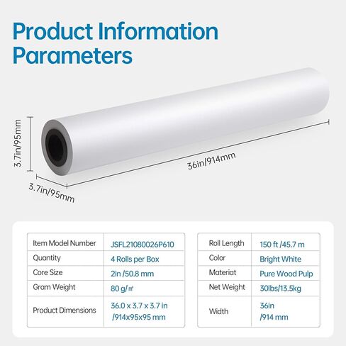 wide format, Inkjet Printer Paper 36 Inch x 150 ft 4 Roll, 2 Inch Core CAD Bond Rolls, 95 Bright, 30lb Plotter Paper for Wide Format Printer in Saudi Arabia