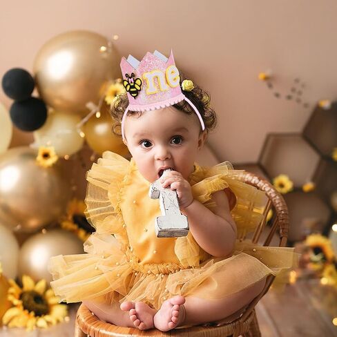 1st Bee Pink Birthday Hat for Girls, 1st Birthday Crown Hat for Bumble Honey Bee Themed First Birthday Party Decorations Supplies in Kuwait