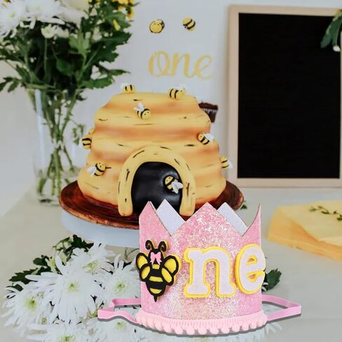 1st Bee Pink Birthday Hat for Girls, 1st Birthday Crown Hat for Bumble Honey Bee Themed First Birthday Party Decorations Supplies in Kuwait