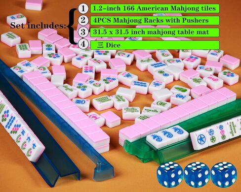 Pink American Mahjong Set 1.2-inch Mahjong Tile Set 166 Pieces American Mahjong Tile Set with Mahjong Table Mat and Mahjong Racks with Pushers in Saudi Arabia