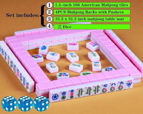 Pink American Mahjong Set 1.2-inch Mahjong Tile Set 166 Pieces American Mahjong Tile Set with Mahjong Table Mat and Mahjong Racks with Pushers in Saudi Arabia