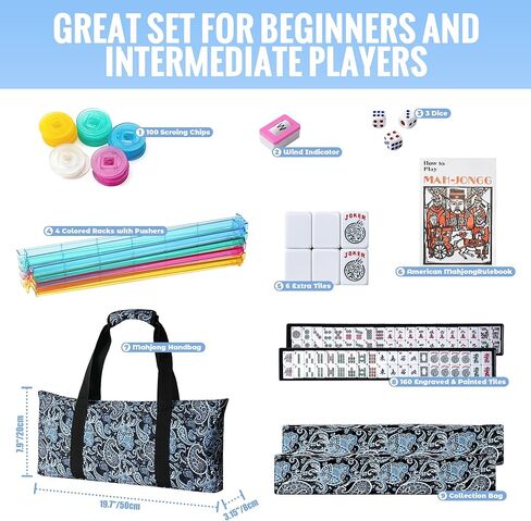 American Mahjong Tile Set - 166 Quality White Tiles & 4 All-in-One Mahjong Racks with Pushers, Travel Vita Mahjong Game Set Complete with Carrying Bag for Beginners & Experts in Saudi Arabia