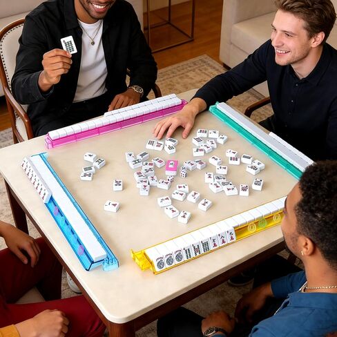 American Mahjong Tile Set - 166 Quality White Tiles & 4 All-in-One Mahjong Racks with Pushers, Travel Vita Mahjong Game Set Complete with Carrying Bag for Beginners & Experts in Saudi Arabia