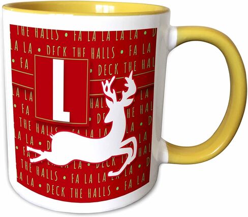3dRose Letter L Monogram Christmas White Reindeer Deck The Halls Theme Mug, 11 oz in Saudi Arabia