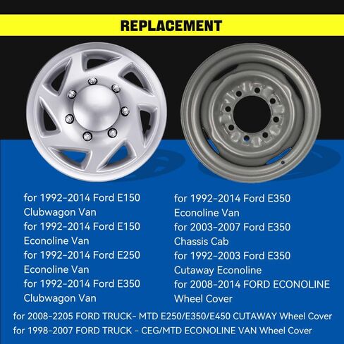 BARTOO 4 Pack Hubcaps Wheel Covers 16 Inch Hubcap for Ford E150 E250 E350 Econoline Van 1992-2014, 8 Lug Steel Wheel, Hub Caps Van Heavy Duty Construction in Kuwait