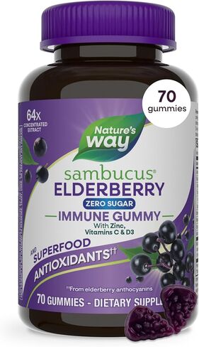 Nature’s Way Sambucus Zero Sugar Immune Gummies, Daily Immune Support*, Black Elderberry Extract, Vitamin C, Vitamin D3, Zinc, Plant-Based Sweeteners, 70 Gummies in Saudi Arabia