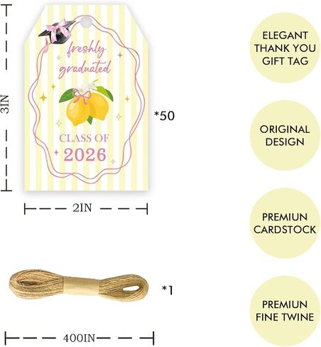 50pcs Freshly Graduated Thank You Tags, Lemon Graduation Gift Tag with String for Grad Party, Class of 2026 Thank You Paper Tags for Graduate Party Favors in Saudi Arabia