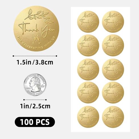 100 Pack Embossed Wedding Thank You Stickers, Gold or Silver Foil Round Favor Labels, “Thank You for Celebrating with Us" Envelope Seals for Party Favors, Invitations & Gift Packaging (Gold) in Saudi Arabia