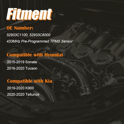 مستشعر مراقبة ضغط الإطارات المبرمج مسبقًا TPMS 52933C8000 مناسب لسيارة Hyundai 2015-2019 Sonata 2016-2020 Tucson، مناسب لكيا 2019-2020 K900 2020-2020 Telluride 52933C1100-433MHz (4) in Kuwait