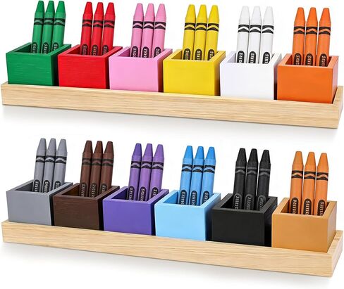 Montessori Wooden Crayon Holder (2 Pack) - 12 Removable Cups for Color Sorting & Organizing - Premium Beech Wood Pencil Organizer for Kids, Classroom Storage Caddy for Pencils & Markers in Kuwait