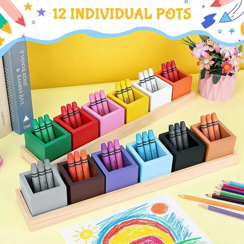 Montessori Wooden Crayon Holder (2 Pack) - 12 Removable Cups for Color Sorting & Organizing - Premium Beech Wood Pencil Organizer for Kids, Classroom Storage Caddy for Pencils & Markers in Kuwait