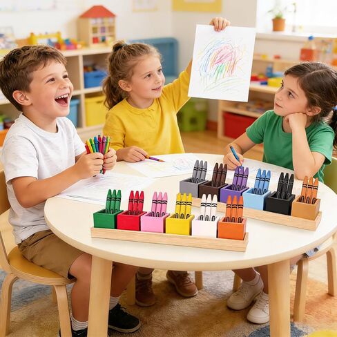 Montessori Wooden Crayon Holder (2 Pack) - 12 Removable Cups for Color Sorting & Organizing - Premium Beech Wood Pencil Organizer for Kids, Classroom Storage Caddy for Pencils & Markers in Kuwait