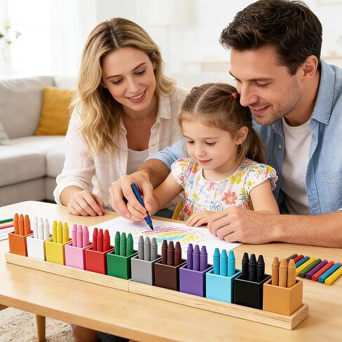 Montessori Wooden Crayon Holder (2 Pack) - 12 Removable Cups for Color Sorting & Organizing - Premium Beech Wood Pencil Organizer for Kids, Classroom Storage Caddy for Pencils & Markers in Kuwait