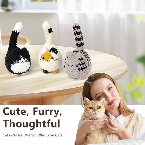 3 pcs Crochet Cats for Desk Decor, Cute Mini Handmade Knitted Cats for Shelf or Office Decor, Gifts for Women and Cat Lovers in Saudi Arabia