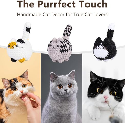 3 pcs Crochet Cats for Desk Decor, Cute Mini Handmade Knitted Cats for Shelf or Office Decor, Gifts for Women and Cat Lovers in Saudi Arabia
