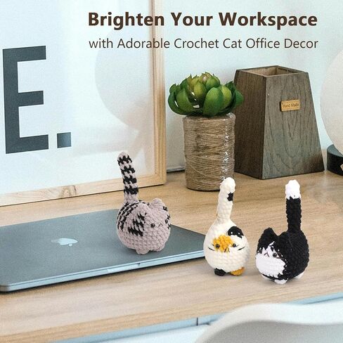 3 pcs Crochet Cats for Desk Decor, Cute Mini Handmade Knitted Cats for Shelf or Office Decor, Gifts for Women and Cat Lovers in Saudi Arabia