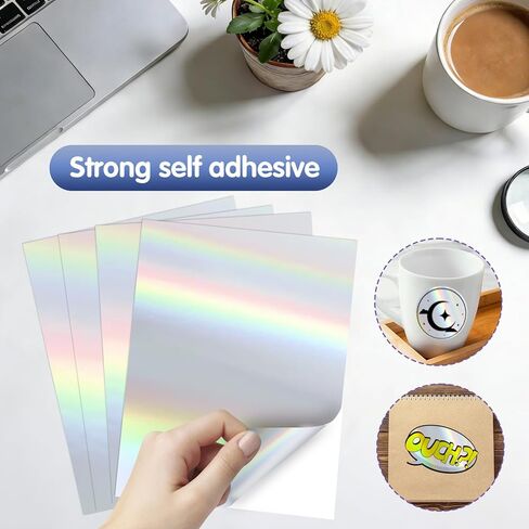 25 Sheets Holographic Sticker Paper 8.5x11 inch for Inkjet & Laser Printer, Printable Vinyl Holographic Sticker Paper Waterproof Self-Adhesive (Silver) in Saudi Arabia