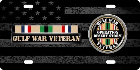 لوحة ترخيص من Desert Storm Gulf Veteran ذات 4 فتحات بعلم أمريكي وطني أسود من الفولاذ المقاوم للصدأ مع شعار - علامة تلقائية تحية عسكرية متينة in Kuwait