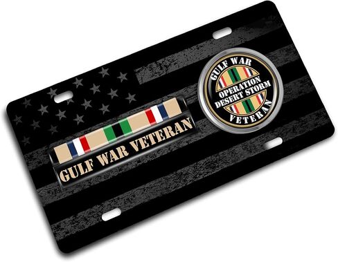 لوحة ترخيص من Desert Storm Gulf Veteran ذات 4 فتحات بعلم أمريكي وطني أسود من الفولاذ المقاوم للصدأ مع شعار - علامة تلقائية تحية عسكرية متينة in Kuwait