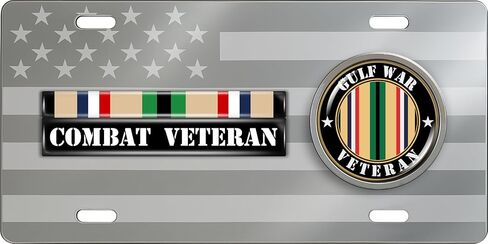 لوحة ترخيص من Desert Storm Gulf Veteran ذات 4 فتحات بعلم أمريكي وطني أسود من الفولاذ المقاوم للصدأ مع شعار - علامة تلقائية تحية عسكرية متينة in Kuwait