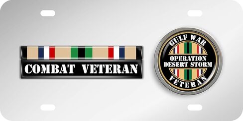 لوحة ترخيص من Desert Storm Gulf Veteran ذات 4 فتحات بعلم أمريكي وطني أسود من الفولاذ المقاوم للصدأ مع شعار - علامة تلقائية تحية عسكرية متينة in Kuwait