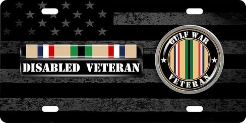 لوحة ترخيص من Desert Storm Gulf Veteran ذات 4 فتحات بعلم أمريكي وطني أسود من الفولاذ المقاوم للصدأ مع شعار - علامة تلقائية تحية عسكرية متينة in Kuwait