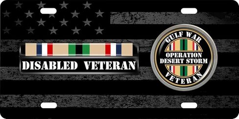 لوحة ترخيص من Desert Storm Gulf Veteran ذات 4 فتحات بعلم أمريكي وطني أسود من الفولاذ المقاوم للصدأ مع شعار - علامة تلقائية تحية عسكرية متينة in Kuwait