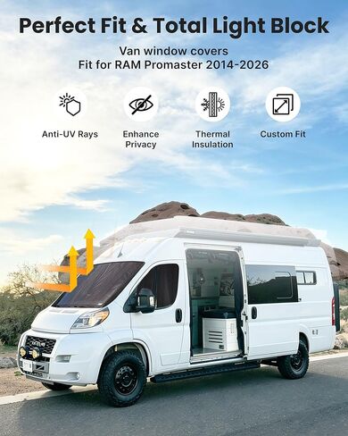 أغطية نوافذ الشاحنة المغناطيسية من MELIPRON مناسبة لـ RAM Promaster 1500 2500 3500 2014-2026، ظلال جانبية معتمة للخصوصية والعزل الحراري لحياة الشاحنة والتخييم، ملاءمة مخصصة، سهلة التركيب، رمادي (زوج) in Kuwait