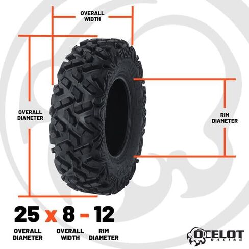 إطارات Ocelot RT350 25x8x12 UTV لجميع التضاريس، هيكل متحيز 6 طبقات، نمط مداس عدواني غير اتجاهي من أجل المتانة والقبضة والجر على الطرق الوعرة، إطارات ATV 25x8x12 in Kuwait
