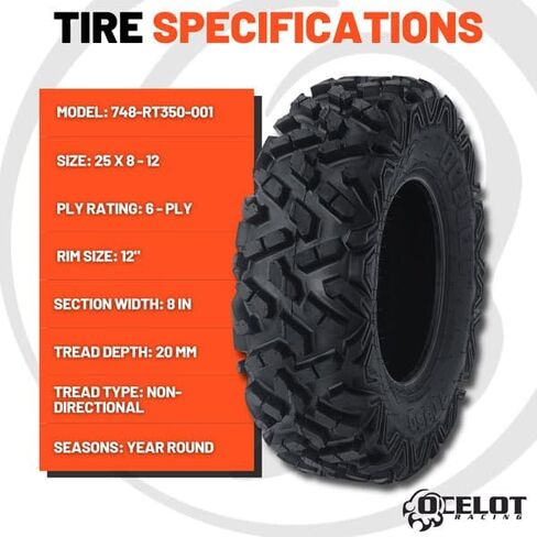 إطارات Ocelot RT350 25x8x12 UTV لجميع التضاريس، هيكل متحيز 6 طبقات، نمط مداس عدواني غير اتجاهي من أجل المتانة والقبضة والجر على الطرق الوعرة، إطارات ATV 25x8x12 in Kuwait