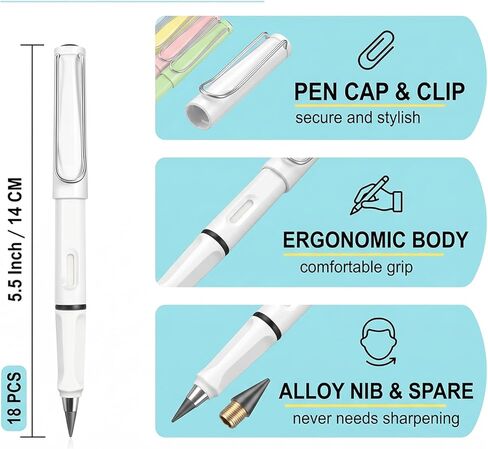 Infinity Forever Pencil,6 Pcs Infinite Pencil,12 Replaceable Nibs,With Eraser,No Need Sharpened,For Sketch, Drawing And Writing,Student Home Office And Study Supplies in Saudi Arabia