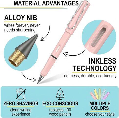 Infinity Forever Pencil,6 Pcs Infinite Pencil,12 Replaceable Nibs,With Eraser,No Need Sharpened,For Sketch, Drawing And Writing,Student Home Office And Study Supplies in Saudi Arabia
