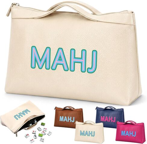 Tallew Leather Mahjong Tile Bag with Zipper Handle Lining Mahjong Storage Pouch for Tiles Playing Cards Dice Board Game Accessories Ideal Gift for Lover Playing Game Night Party Travel(Navy Blue) in Kuwait