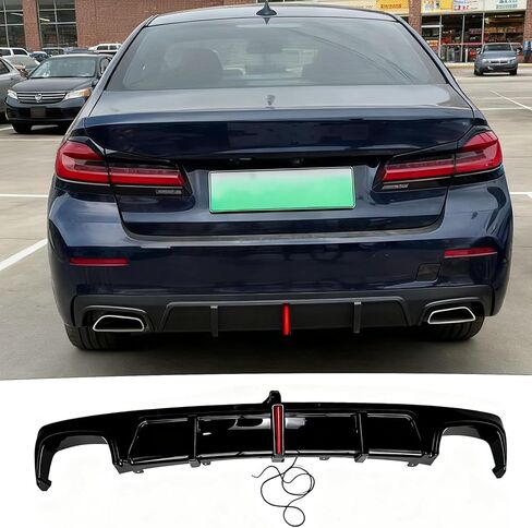 ناشر خلفي مع ضوء LED مناسب لسيارة BMW 5 Series G30 LCI 2021-2023 530e/ 530i/ 540i (الطراز الأساسي/العادي فقط)، استبدال المصد الخلفي للملحقات الخارجية لفاصل الشفة السفلية باللون الأسود اللامع in Kuwait