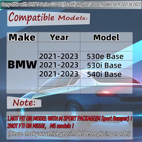 ناشر خلفي مع ضوء LED مناسب لسيارة BMW 5 Series G30 LCI 2021-2023 530e/ 530i/ 540i (الطراز الأساسي/العادي فقط)، استبدال المصد الخلفي للملحقات الخارجية لفاصل الشفة السفلية باللون الأسود اللامع in Kuwait
