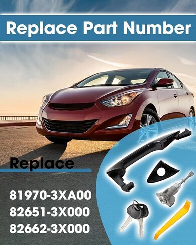 Left Front Exterior Door Handle and Door Lock Cylinder Set with 2 Keys Compatible with Hyundai Elantra 2011-2015 Replace 81970-3XA00 82651-3X000 82662-3X000, Black Driver Side Switch Cylinder Set in Saudi Arabia