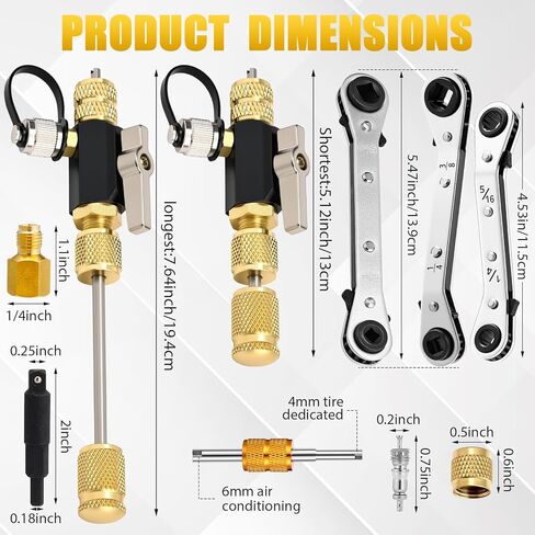 Tujoe Vacuum-Rated Valve Core Remover Installer Tool with Refrigeration Repair Wrench Set 3/8" 1/4" 5/16" 3/16" Service Ratchet Wrench Hex Bit Adapter Cord Alligator Clips Test Leads in Kuwait