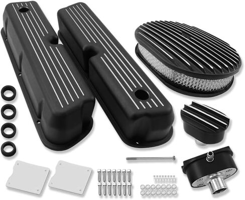 For Ford Small Block 289 302 351W 5.0L 1962-1985 Tall Ball Milled Valve Covers & 12" Oval Finned Air Cleaner & PCV Breather Combo Kit Black Aluminum in Kuwait