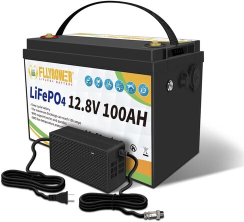 بطارية FLLYROWER Lifepo4 12v 100ah مع خلايا من الدرجة A و100A BMS لعربة الجولف بمحرك التصيد RV سلسلة دعم الألواح الشمسية لسيارة التخييم والتوازي تتضمن شاحنًا in Kuwait