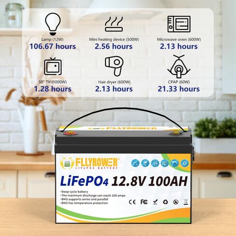 بطارية FLLYROWER Lifepo4 12v 100ah مع خلايا من الدرجة A و100A BMS لعربة الجولف بمحرك التصيد RV سلسلة دعم الألواح الشمسية لسيارة التخييم والتوازي تتضمن شاحنًا in Kuwait