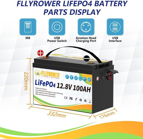 بطارية FLLYROWER Lifepo4 12v 100ah مع خلايا من الدرجة A و100A BMS لعربة الجولف بمحرك التصيد RV سلسلة دعم الألواح الشمسية لسيارة التخييم والتوازي تتضمن شاحنًا in Kuwait