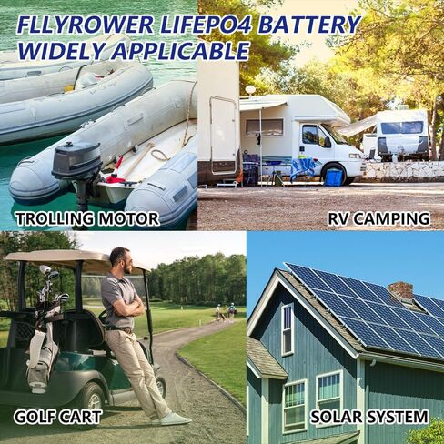 بطارية FLLYROWER Lifepo4 12v 100ah مع خلايا من الدرجة A و100A BMS لعربة الجولف بمحرك التصيد RV سلسلة دعم الألواح الشمسية لسيارة التخييم والتوازي تتضمن شاحنًا in Kuwait
