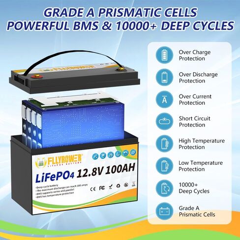 بطارية FLLYROWER Lifepo4 12v 100ah مع خلايا من الدرجة A و100A BMS لعربة الجولف بمحرك التصيد RV سلسلة دعم الألواح الشمسية لسيارة التخييم والتوازي تتضمن شاحنًا in Kuwait