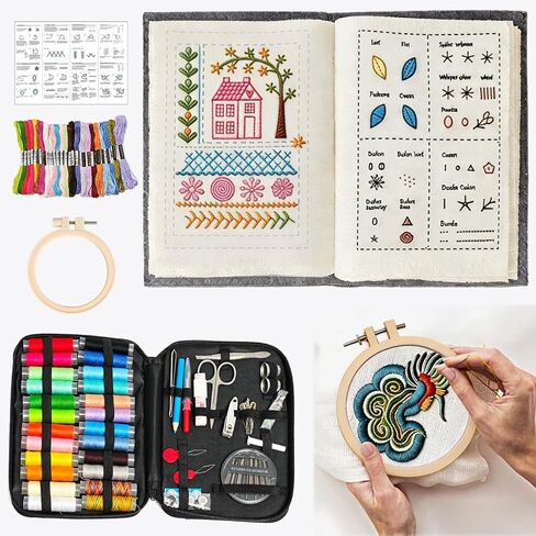 Fuoucsa 123 PCS Portable Embroidery Kit for Adults,Suitable for Craft Enthusiasts,Practical Beginners Embroidery Stitch Book Kit with Patterns,Tutorials and Full Sewing Tools for DIY Hand Embroidery in Saudi Arabia